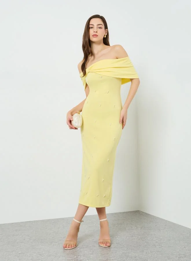 Take Two Yellow Women Yellow Faux Pearl Embellished Off Shoulder Maxi Dress for Women | Best Price UAE